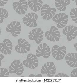 Monstera leaf seamless pattern on grey background. Nature concept. Tropical plant. Vector image