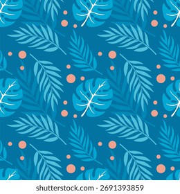 Monstera Leaf Seamless Pattern with a Tropical Concept and Background Color with Soft Blue Nuances for Design Purposes