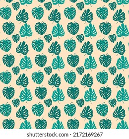 Monstera Leaf Seamless Pattern. Vector Illustration of Nature Dinosaur Animal.