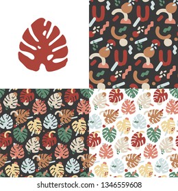 Monstera leaf in seamless patterns. Vector illustration set.