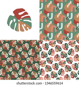 Monstera leaf in seamless patterns. Vector illustration set.