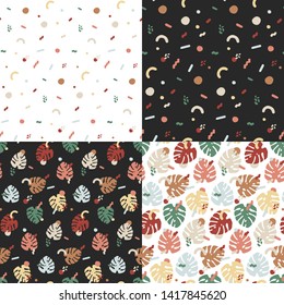 Monstera leaf in seamless patterns. Vector illustration set.