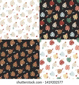 Monstera leaf in seamless patterns. Vector illustration set.