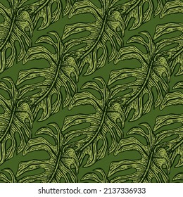 Monstera leaf seamless pattern.Vintage tropical branch in engraving style. Hand drawn texture foliage for fabric, wallpaper, textile, print, wrapping paper. Vector illustration.