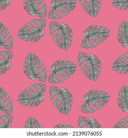 Monstera leaf seamless pattern.Vintage tropical branch in engraving style. Hand drawn texture foliage for fabric, wallpaper, textile, print, wrapping paper. Vector illustration.
