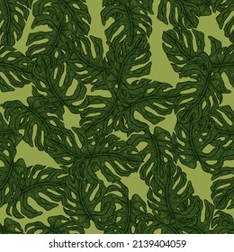 Monstera leaf seamless pattern.Vintage tropical branch in engraving style. Hand drawn texture foliage for fabric, wallpaper, textile, print, wrapping paper. Vector illustration.