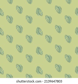 Monstera leaf seamless pattern.Vintage tropical branch in engraving style. Hand drawn texture foliage for fabric, wallpaper, textile, print, wrapping paper. Vector illustration.