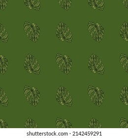 Monstera leaf seamless pattern.Vintage tropical branch in engraving style. Hand drawn texture foliage for fabric, wallpaper, textile, print, wrapping paper. Vector illustration.