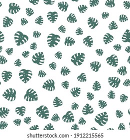 Monstera leaf seamless vector pattern. Green leaves isolated on white background. Simple design for fabric textile, wrapping paper.