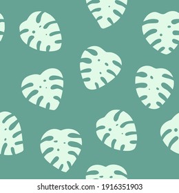 Monstera leaf seamless vector pattern. Leaves isolated on green background. Simple design for fabric textile, wrapping paper.