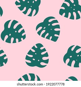 Monstera leaf seamless vector pattern. Green leaves isolated on pink background. Simple design for fabric textile, wrapping paper, fashion template.