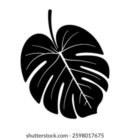 Monstera Leaf Silhouette Vector Illustration. The leaf is depicted with intricate vein details and natural curves, emphasizing its organic shape.