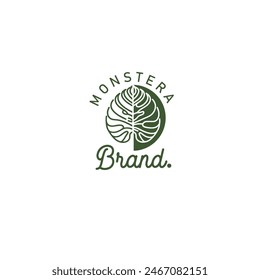 Ilustración vectorial de diseño de logotipo de estilo lineal simple de monstera leaf