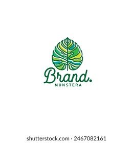 monstera leaf simple minimal linear style logo design vector illustration