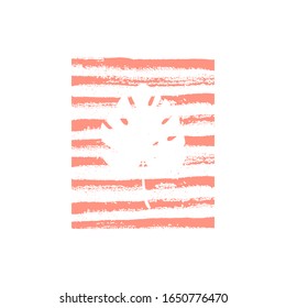 Monstera leaf, stamp. Tropical leaf on white background. Vector isolated illustration with coral pink colored texture, stripes. For web, banners, logos, cards, printing on clothing, textile, bags.