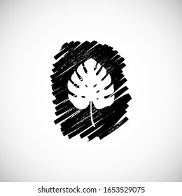 Monstera leaf, stamp. Tropical leaf on white background. Vector isolated illustration with black hand drawn spot, stripes. For web design, banners, logos, cards, printing on clothing, textile, bags.
