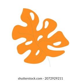 Monstera leaf sticker. Orange tropical foliage leaves. Underwater plants algae reefs. Planet, flora, graphic elements for website. Icon, badge, button, nature. Cartoon flat vector illustration