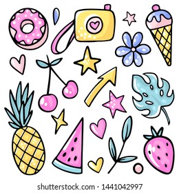 Monstera leaf, strawberry, cherry, ice cream, watermelon, lemonade, flower. Set of cartoon summer stickers patches badges Vector illustration