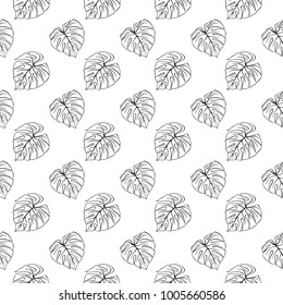 Monstera leaf tropical plant ink line art hand drawn sketch seamless pattern texture background vector