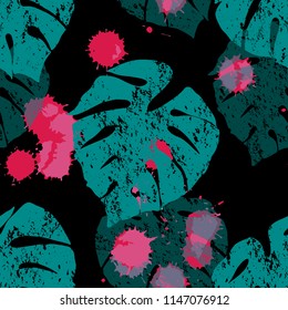 Monstera leaf tropical plant spot splash ink hand drawn art sketch seamless pattern texture background vector