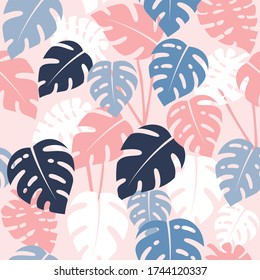 Monstera Leaf Tropical Seamless Pattern in Pastel colors of Pink and Blue.