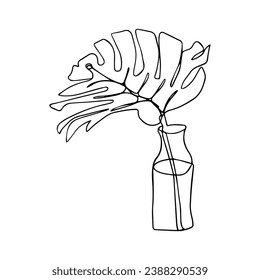 Monstera leaf in vase line art. One line art. Contour drawing.