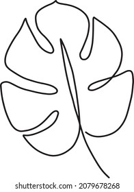 Monstera leaf vector one line art. Black and white hand drawn modern minimalistic icon. Minimal decorative element portrait. Abstract contour drawing, label, logo, outline.