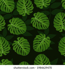 Monstera leaf vector seamless pattern, green illustration for banner background, fabric, t-shirt etc