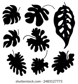 Monstera leaf vector silhouettes collection. Hand drawn isolated clip art set. 