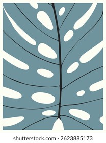 Fondo de pantalla de hoja de Monstera, diseño de decoración de pared de estilo botánico, esqueleto de hoja de cerca. En colores suaves azules.