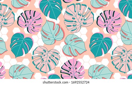 Monstera leafs on tiles pattern. Seamless Hawaiian tropical plant design in pastel tones. Beautifully organised hand drawn vector illustration for background, banner, textile. Summer forest concept.