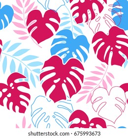 Monstera leafs. Seamless hand drawn tropical pattern. Vector background with monstera.
