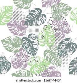 Monstera Leafs Seamless Pattern Vector Illustration. Trendy Pastel Tropical Textile and Surface Design Wallpaper. Hand Drawn Grunge Floral Pattern.