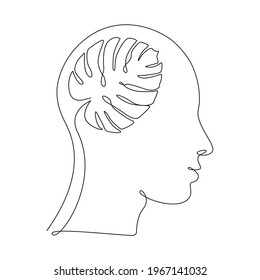 Monstera leave in Human head in one line drawing. Concept of ecology idea, clean mind, self development and successful mindset. Abstract Vector illustration