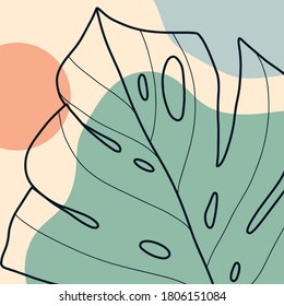monstera Leaves, abstract shapes. Ink painting style. Contemporary Hand drawn Vector illustrations. Continuous line, minimalistic elegant concept. All elements are isolated