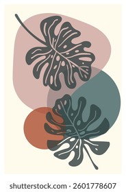 Monstera leaves artwork in soft boho colors with abstract shapes creating a serene atmosphere. Boho poster