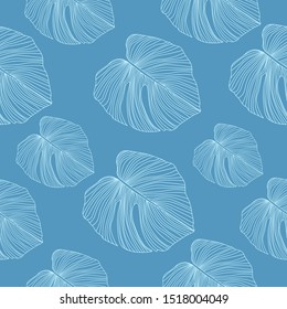 Monstera leaves  backdrop. Tropical pattern, botanical leaf seamless pattern on blue background. Trendy design for fabric, textile print, wrapping paper. Vector illustration