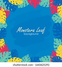 Monstera leaves background, Tropical exotic border frame template with Blue, green, pink and yellow  jungle palm tree 
