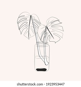 Monstera leaves composition. Modern black and white vector illustration. Abstract one line art tropical flower. 