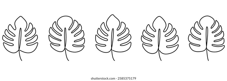 Monstera leaves continuous one line drawing. Tropic linear leaf collection. Vector illustration isolated on white.