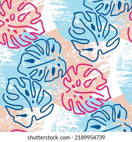 Monstera leaves decorative seamless vector pattern for textile design, fabric print, digital or wrapping paper, wallpaper, background and backdrop, decoration. Tropical summer holiday theme.