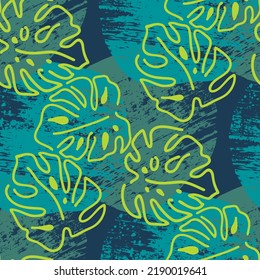 Monstera deja un patrón vectorial sin costuras decorativo para el diseño textil, impresión de tela, papel digital o envolvente, papel tapiz, fondo y fondo, decoración. Tema tropical de las vacaciones de verano.