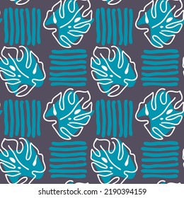 Monstera leaves decorative seamless vector pattern for textile design, fabric print, digital or wrapping paper, wallpaper, background and backdrop, decoration. Tropical summer holiday theme.