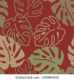Monstera leaves decorative seamless vector pattern for textile design, fabric print, digital or wrapping paper, wallpaper, background and backdrop, decoration. Tropical summer holiday theme.