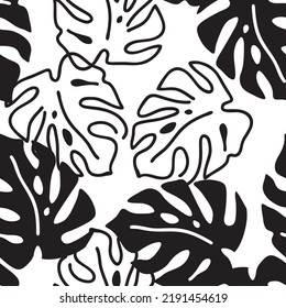 Monstera deja un patrón vectorial sin costuras decorativo para el diseño textil, impresión de tela, papel digital o envolvente, papel tapiz, fondo y fondo, decoración. Tema tropical de las vacaciones de verano.