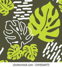 Monstera deja un patrón vectorial sin costuras decorativo para el diseño textil, impresión de tela, papel digital o envolvente, papel tapiz, fondo y fondo, decoración. Tema tropical de las vacaciones de verano.