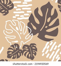 Monstera leaves decorative seamless vector pattern for textile design, fabric print, digital or wrapping paper, wallpaper, background and backdrop, decoration. Tropical summer holiday theme.