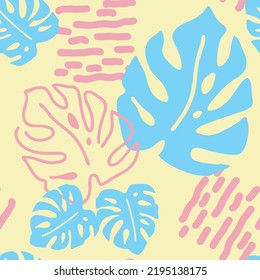 Monstera leaves decorative seamless vector pattern for textile design, fabric print, digital or wrapping paper, wallpaper, background and backdrop, decoration. Tropical summer holiday theme.