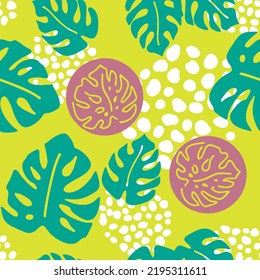 Monstera leaves decorative seamless vector pattern for textile design, fabric print, digital or wrapping paper, wallpaper, background and backdrop, decoration. Tropical summer holiday theme.