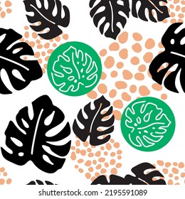 Die Monstera hinterlässt ein nahtloses, dekoratives Vektormuster für das Textildesign, den Stoffdruck, das digitale Papier oder das Verpackungspapier, das Tapete, den Hintergrund und die Kulisse, die Dekoration. Thema tropische Sommerferien.